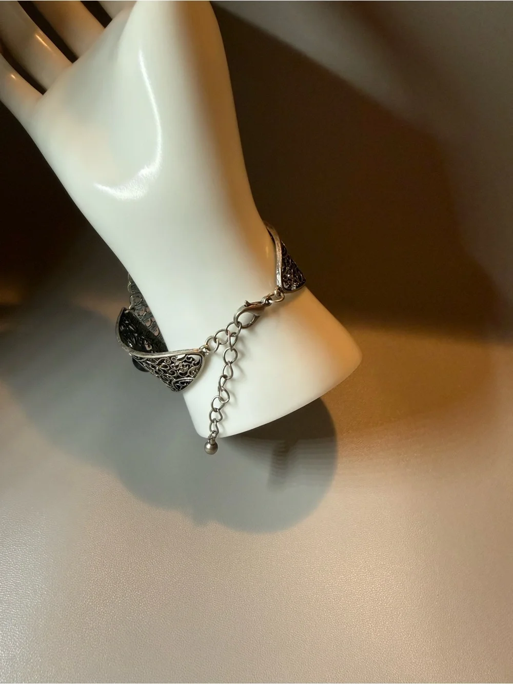 Vintage Boho Silver Tone Statement Bracelet w/ Black Cabochon Adjustable 🖤